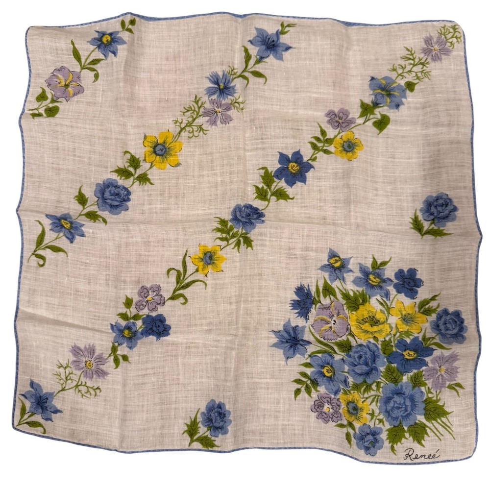 Vintage 1950's Renee Signed‎ Floral Handkerchief Blue Yellow Flowers White Linen